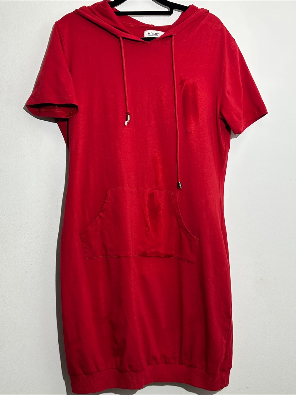 Missy Red Hooded Short-Sleeve Midi Dress with Front Pocket